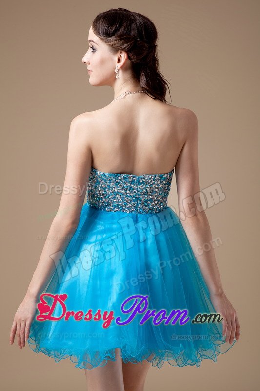 Mini-length Teal A-line Strapless Organza Prom Gown with Beads